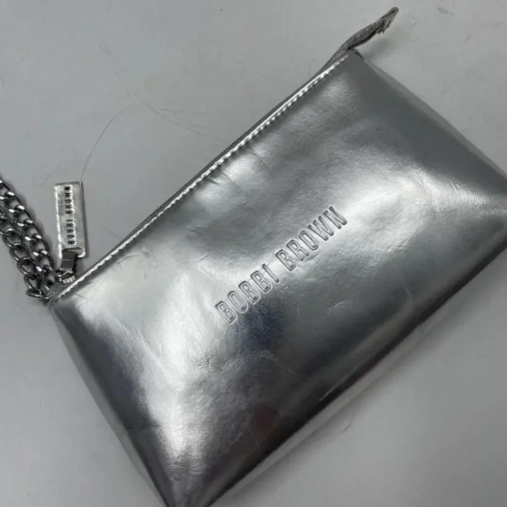 BOGO Bobbi Brown Silver Metallic Wristlet Pouch Clutch w/ Silver Chain CosmeticS
